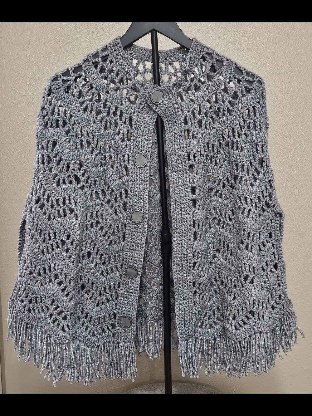 Crochet Fringe Button-Up Shrug in Gray